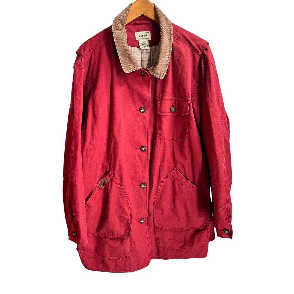 L.L. Bean Vintage Red Barn Jacket Cotton Corduroy Collar Plaid Lining Size 2X